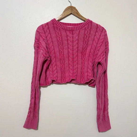 Altar’d State Cable Knit Sweater Size Medium Cropped Pink - Picture 2 of 6